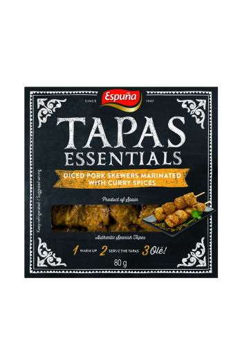 Tapas mini pork skewers marinated with curry 80 gr.